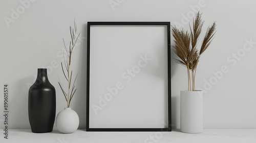 Black frame mockup with blank canvas on a light grey wall, minimalist chic, iso A paper size, framed wall poster template, front perspective photo