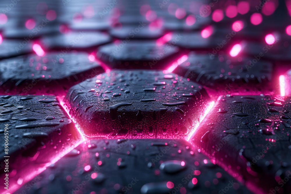 A surreal image of interlocking metallic hexagons with pink glowing edges, on a black backdrop, A surreal image of interlocking metallic hexagons with pink glowing edges, on a black backdrop,