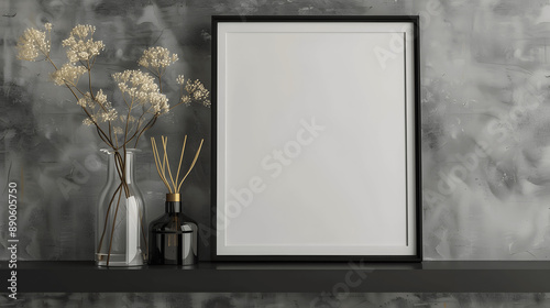 Black frame mockup with blank canvas on a modern black shelf, sleek decor, iso A paper size, framed wall poster template, front perspective photo