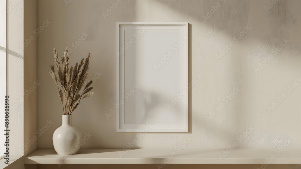 White frame mockup with blank canvas on a cream wall, neutral interior, iso A paper size, framed wall poster template, front perspective White frame mockup with blank canvas on a cream wall, neutral interior, iso A paper size, framed wall poster template, front perspective