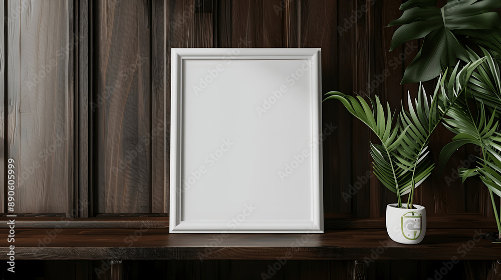 White frame mockup with blank canvas on a dark wood shelf, classic decor, iso A paper size, framed wall poster template, front perspective White frame mockup with blank canvas on a dark wood shelf, classic decor, iso A paper size, framed wall poster template, front perspective