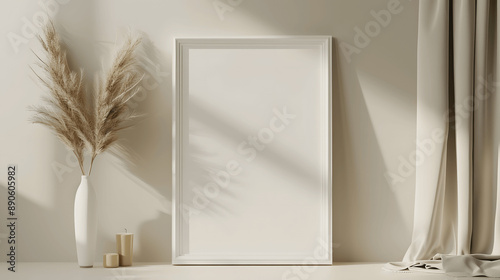 White frame mockup with blank canvas on a cream wall, neutral decor, iso A paper size, framed wall poster template, front perspective photo