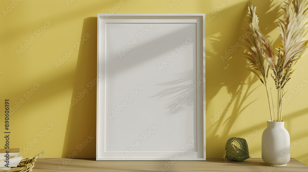White frame mockup with blank canvas on a pale yellow wall, cheerful decor, iso A paper size, framed wall poster template, front perspective White frame mockup with blank canvas on a pale yellow wall, cheerful decor, iso A paper size, framed wall poster template, front perspective