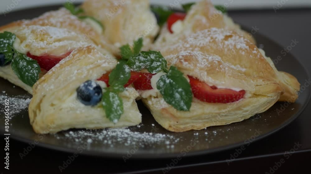 Delicious puff pastry puffs with sweet cream and green mint leaves in the middle. This ensemble is complemented by sliced strawberries and blueberries. All this on a brown ceramic bowl. Delicious puff pastry puffs with sweet cream and green mint leaves in the middle. This ensemble is complemented by sliced strawberries and blueberries. All this on a brown ceramic bowl.