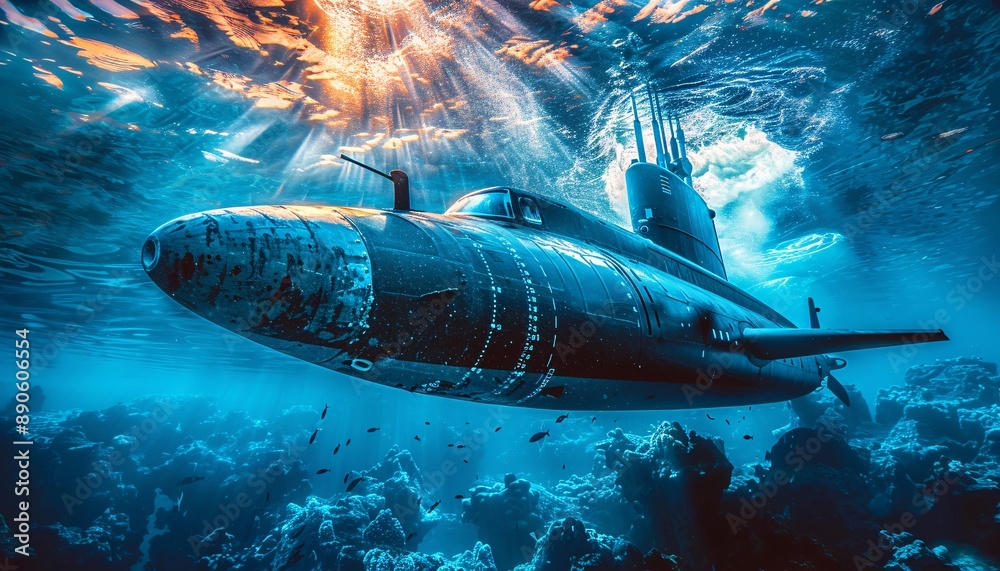 Submarine in deep blue ocean. Submarine in deep blue ocean.