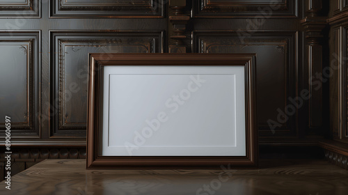 Wooden frame mockup with blank canvas on a dark wood table, classic style, iso A paper size, framed wall poster template, front perspective photo