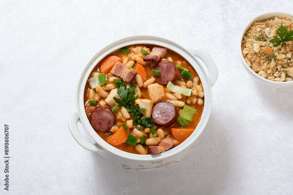 A bowl of chicken cassoulet and spicy breadcrumbs on a white table A bowl of chicken cassoulet and spicy breadcrumbs on a white table
