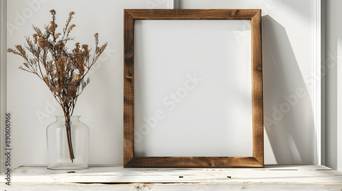 Wooden frame mockup with blank canvas on a vintage white table, retro style, iso A paper size, framed wall poster template, front perspective