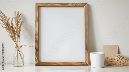 Wooden frame mockup with blank canvas on a vintage white table, retro style, iso A paper size, framed wall poster template, front perspective
