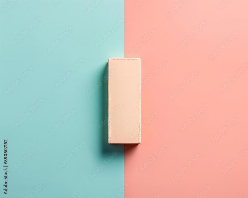 Fototapeta premium Minimalist rectangular cream-colored box on a pastel pink and blue split background, showcasing modern and simple packaging design.