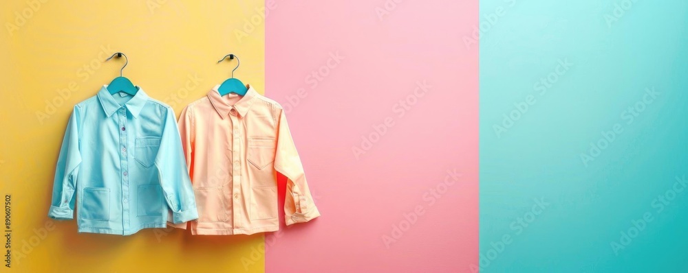 Colorful shirts hanging on hooks against a vibrant, pastel background. Perfect for youth fashion and children's clothing concepts.