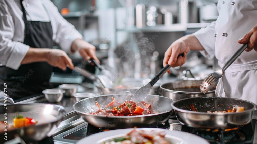 Two chefs are cooking food in a kitchen Two chefs are cooking food in a kitchen
