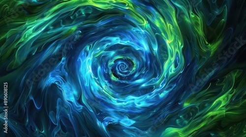 A swirling vortex of electric blue and neon green, creating a mesmerizing space-time warp with twisting, 3D shapes. 