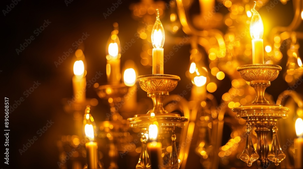 Golden Chandelier with Warm Glowing Lights. Golden Chandelier with Warm Glowing Lights.