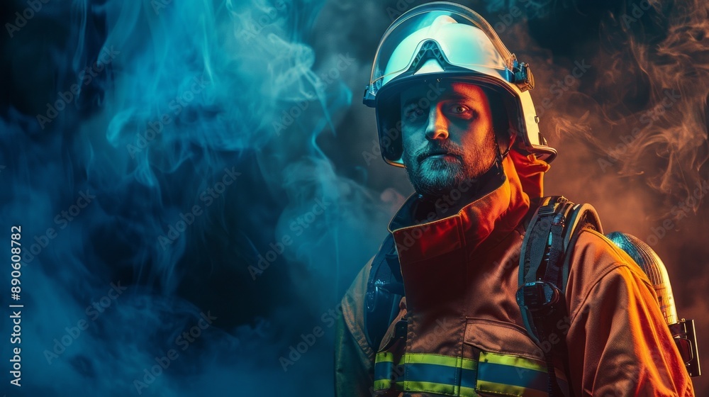A firefighter is standing in front of a blue background with smoke A firefighter is standing in front of a blue background with smoke