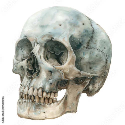 A human skull, isolated on a background, shows the bony structure of the head minus the jaw photo