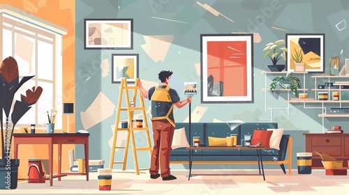 A professional renovator paints walls or installs shelves in a cozy living room. flat cartoon illustration.
