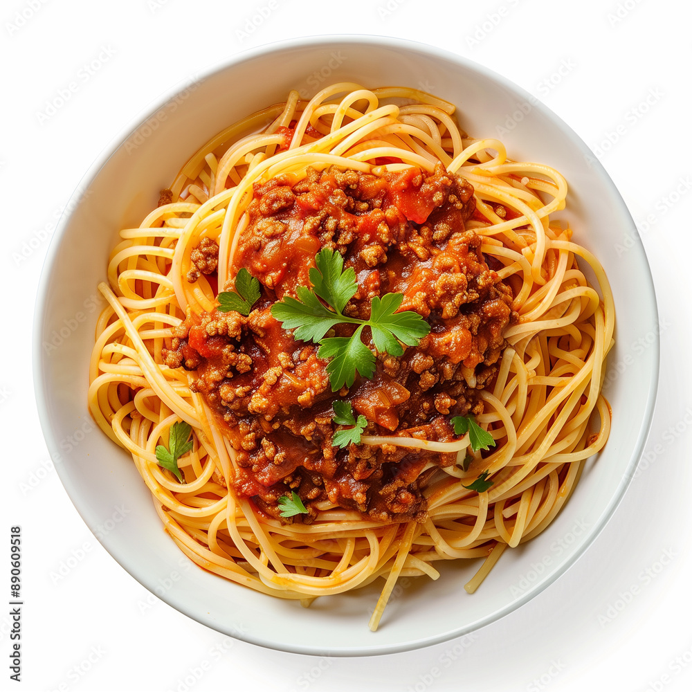 bowl with spaghetti bolognese on white background. Italian pasta dish, healthy food theme. Isolated on white background. Design for restaurant menu or display.