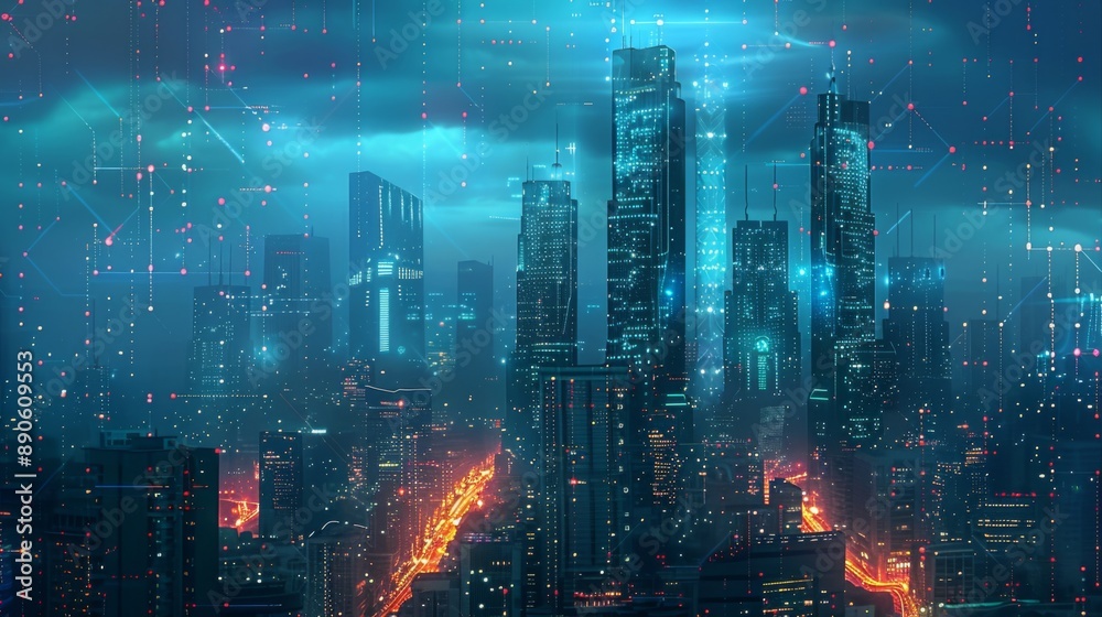 Fototapeta premium Futuristic Smart Cyber City illustration: Innovative Urban Landscape in Digital Circuitry, futuristic technology concept, Graphic Resources, Wallpapers, Brochure, Websites, banner design, Advertising,