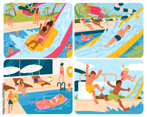 Aqua park visitors. Amusement water slides. Aquapark entertainment. Swimming pool party. Bath pipe. Family relax. Tall splash. Summer beach. Waterpark attractions. Vector holiday vacation scenes set