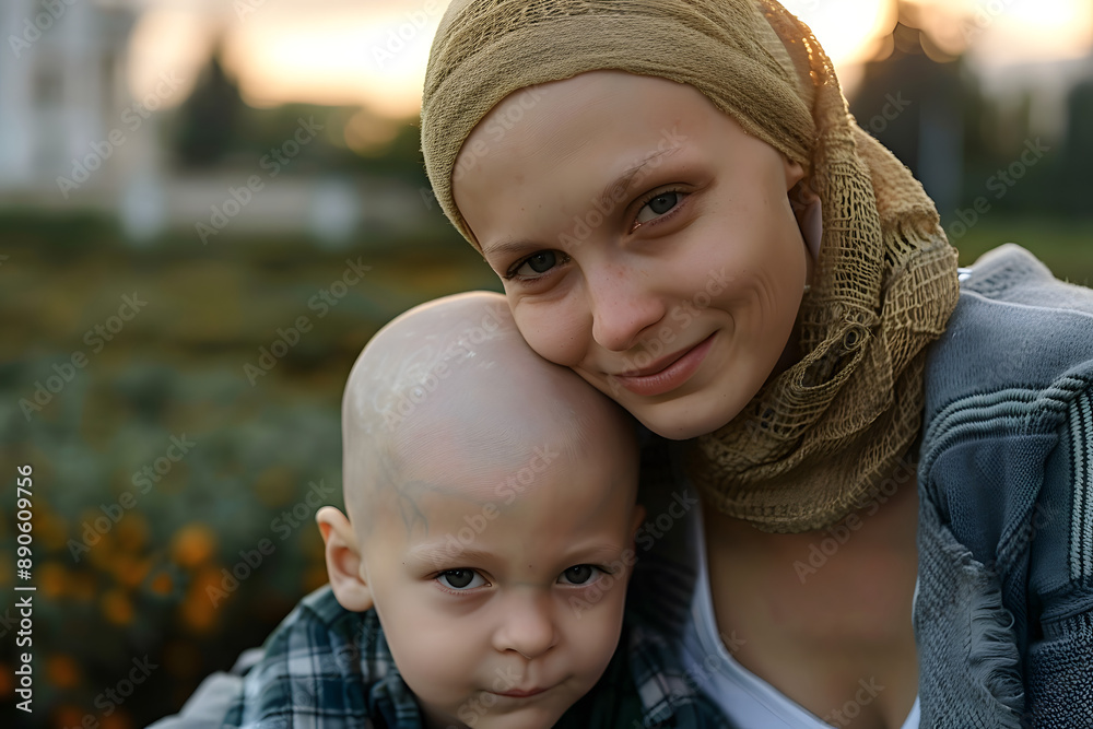 Obraz premium Young mother with little son with cancer without hair outdoors