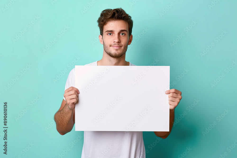 Portrait of happy man with white blank signboard Portrait of happy man with white blank signboard
