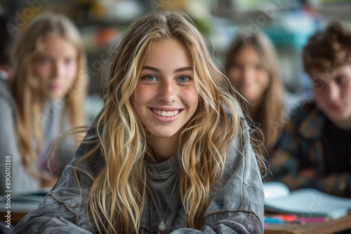 Wallpaper Mural Blonde Teenage Girl Smiling In Classroom With Friends Torontodigital.ca