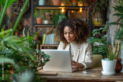 Young project manager woman sitting in front of laptop computer,AI