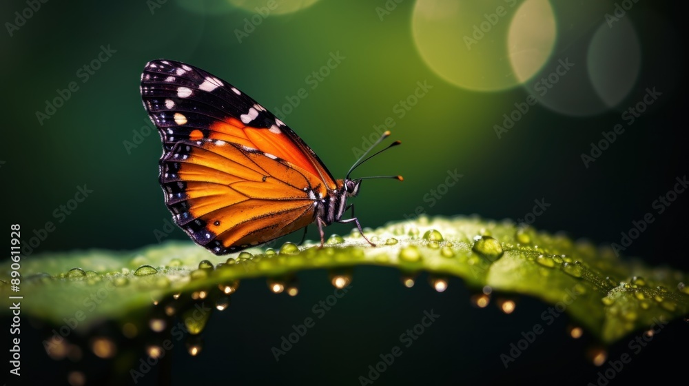 A Monarch Butterfly on a Dew-Covered Leaf A Monarch Butterfly on a Dew-Covered Leaf