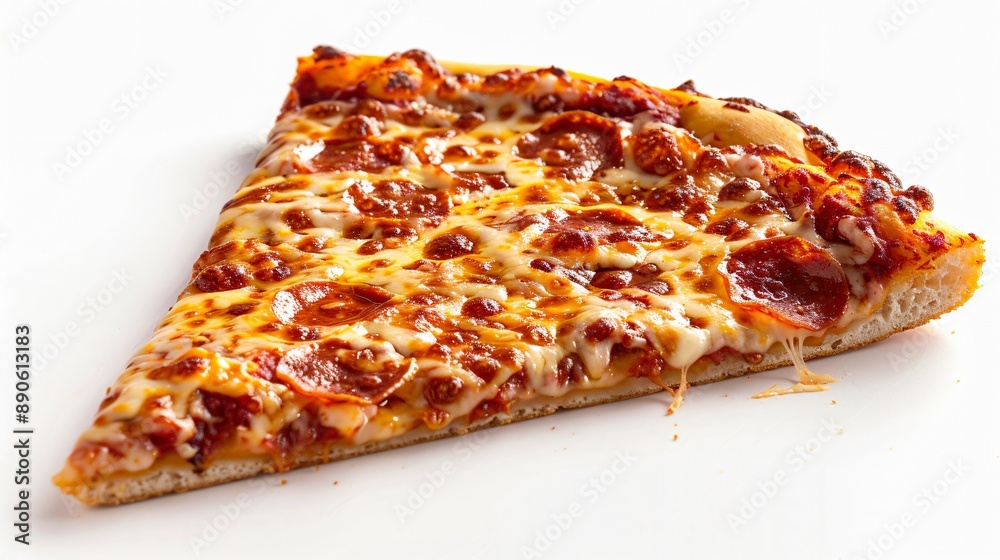 A slice of pepperoni pizza with melted cheese, pepperoni slices, and black olives on a thin, crispy crust. The pizza slice is placed against a plain white background. A slice of pepperoni pizza with melted cheese, pepperoni slices, and black olives on a thin, crispy crust. The pizza slice is placed against a plain white background.