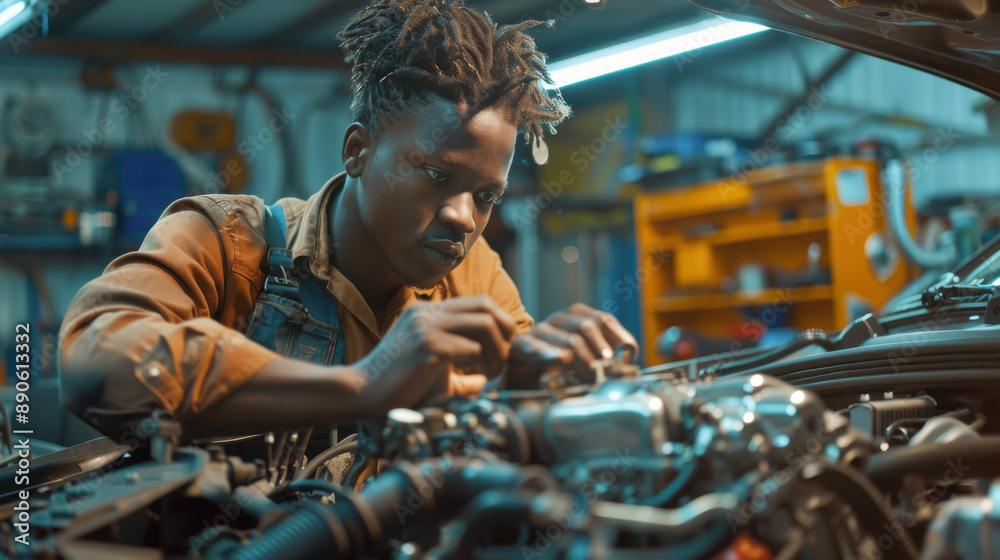 A BIPOC auto technician conducting a thorough vehicle inspection with advanced mechanical tools, examining a car engine in a repair shop. A BIPOC auto technician conducting a thorough vehicle inspection with advanced mechanical tools, examining a car engine in a repair shop.