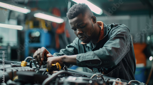 A BIPOC auto technician conducting a thorough vehicle inspection with advanced mechanical tools, examining a car engine in a repair shop.