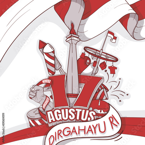 Doodle art about the iconic Indonesian with the large 3D number 17 and Agustus means is August