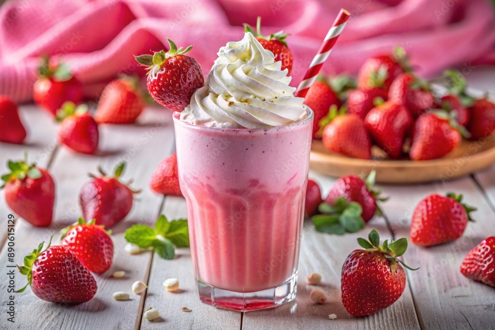 Refreshing strawberry milkshake with whipped cream and a straw on the table surrounded by fresh strawberries. Refreshing strawberry milkshake with whipped cream and a straw on the table surrounded by fresh strawberries.