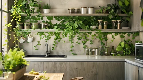 Elevate your kitchen with a vivarium backsplash that presents a harmonious blend of greenery and elegant florals creating a refreshing and inviting space. photo