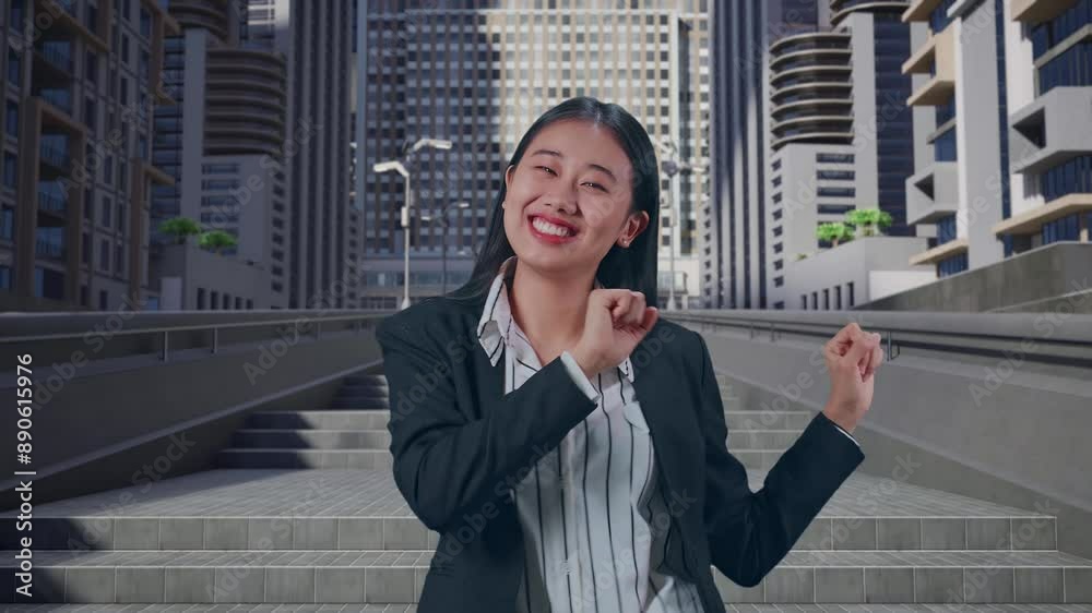 A Smiling Asian Business Woman Dancing While Standing In Urban City A Smiling Asian Business Woman Dancing While Standing In Urban City