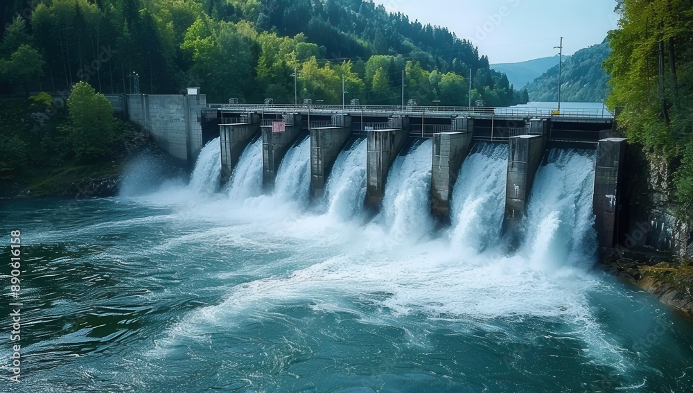 Dam on a river with water flowing over the wall Dam on a river with water flowing over the wall