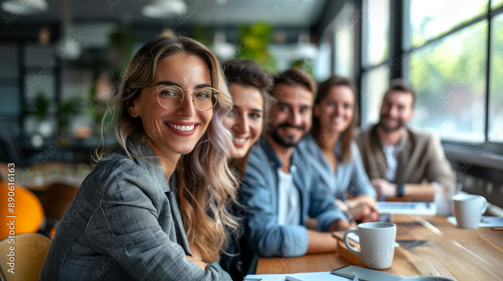Successful Business Meeting in Modern Office. A diverse group of young professionals, dressed in business attire, smile confidently during a meeting in a modern office with large windows and natural l Successful Business Meeting in Modern Office. A diverse group of young professionals, dressed in business attire, smile confidently during a meeting in a modern office with large windows and natural l