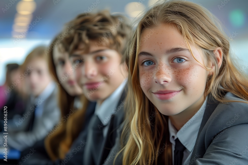 Teenage Girl Smiles At Camera While Sitting In Class Teenage Girl Smiles At Camera While Sitting In Class