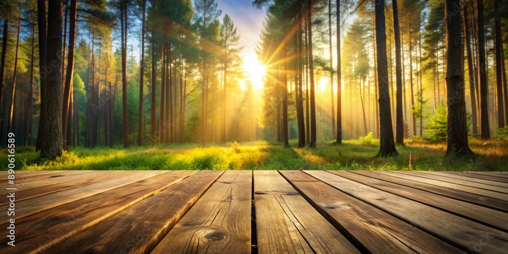 Sunrise in a Pine Forest with Wooden Deck Sunrise in a Pine Forest with Wooden Deck