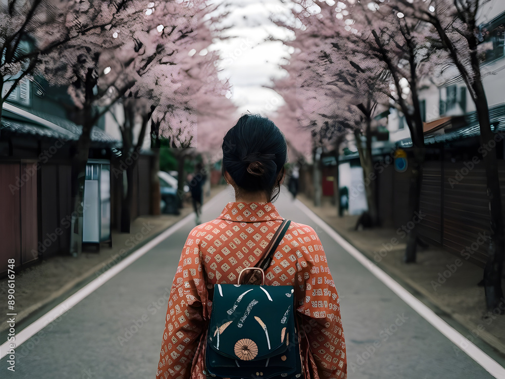 Mujer japonesa desde atrás caminando por la calle Japón durante la plena floración de los cerezos en primavera
Mujer japonesa desde atrás caminando por la calle Japón durante la plena floración de los cerezos en primavera