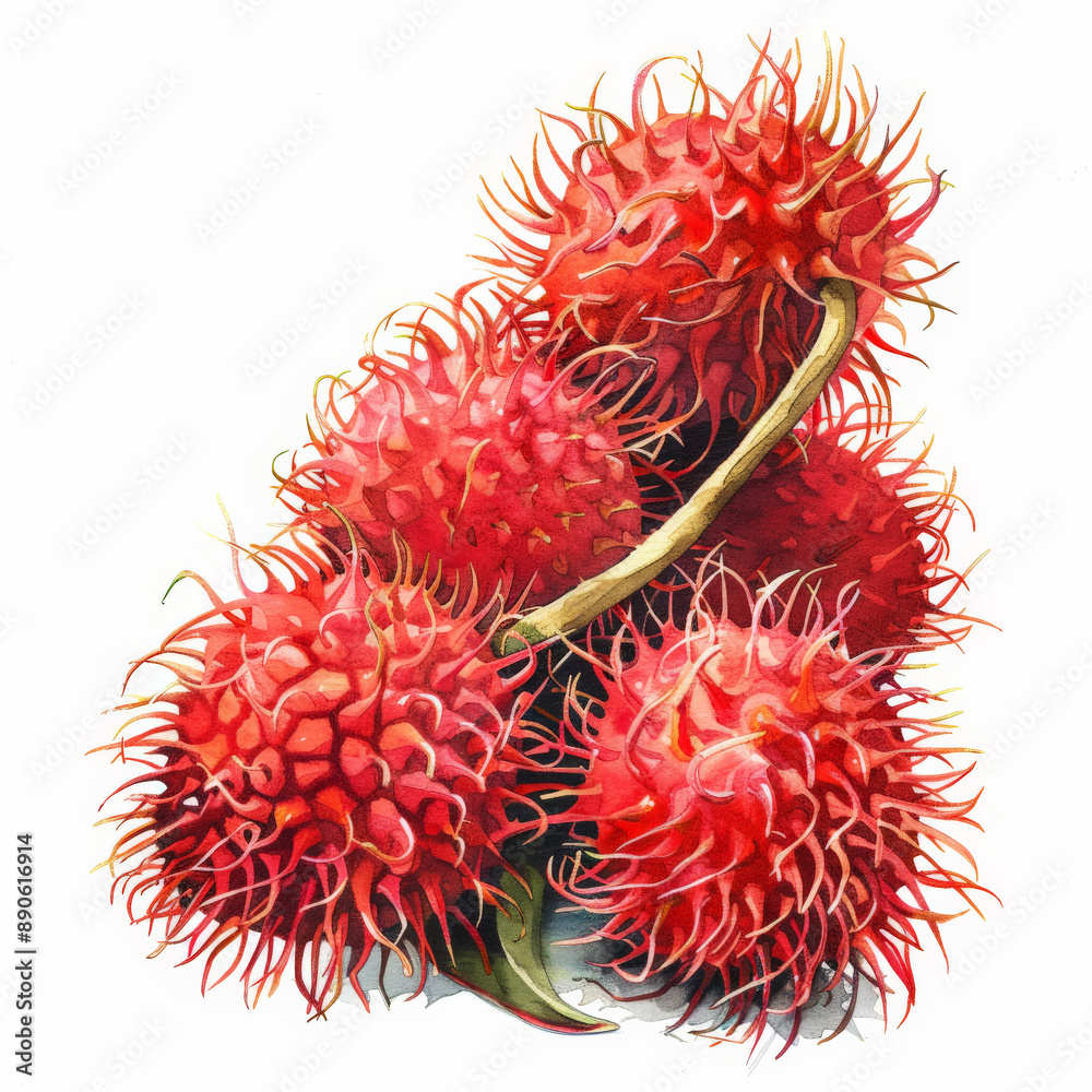 A watercolor illustration of a group of fresh rambutans, each with a detailed texture and vibrant red color, isolated on white background. A watercolor illustration of a group of fresh rambutans, each with a detailed texture and vibrant red color, isolated on white background.