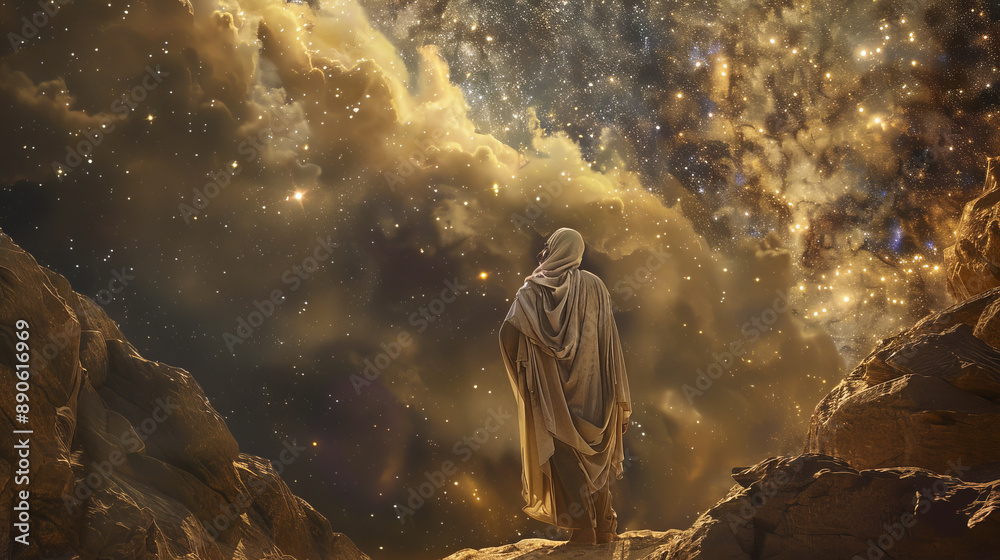 Obraz premium The call of Abraham, with Abraham looking up to the stars, and God promising him descendants as numerous as the stars.