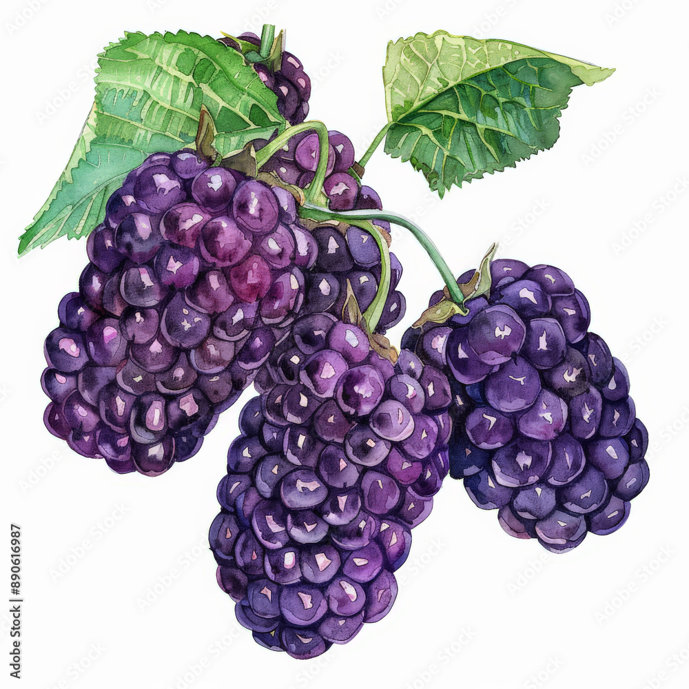 A watercolor illustration of a group of fresh mulberries, each with a detailed texture and deep purple color, isolated on white background.