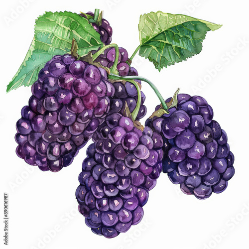 Obraz na płótnie A watercolor illustration of a group of fresh mulberries, each with a detailed texture and deep purple color, isolated on white background. w salonie