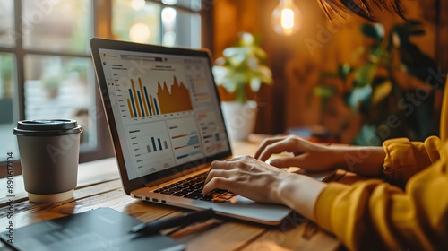 Analista que trabaja en el análisis de datos o en el tablero de control de BI en el monitor de la computadora Equipo de negocios que analiza datos financieros de Fintech en la oficina corporativa AI