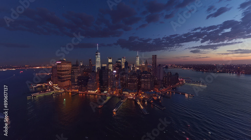 A breathtaking nighttime aerial perspective of the Statue of Liberty, surrounded by the lit-up skyscrapers of Manhattan and Brooklyn.