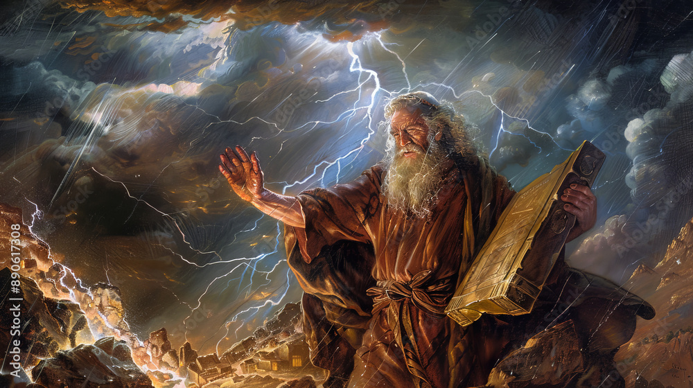 Moses receiving the Ten Commandments on Mount Sinai, with thunder and lightning, and Moses holding the stone tablets.