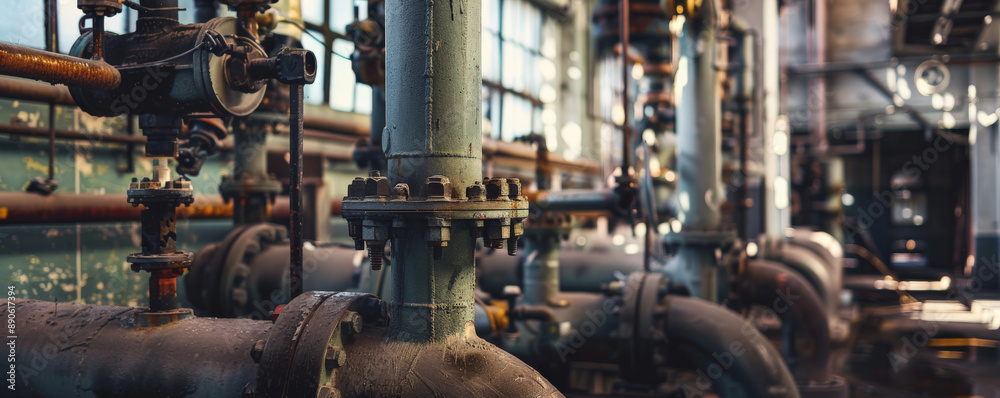 Mechanical room featuring an intricate network of pipes and valves, with industrial lighting casting dramatic shadows and highlighting the detailed design. Mechanical room featuring an intricate network of pipes and valves, with industrial lighting casting dramatic shadows and highlighting the detailed design.