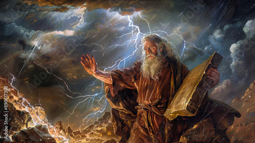 Obraz na płótnie Moses receiving the Ten Commandments on Mount Sinai, with thunder and lightning, and Moses holding the stone tablets. w salonie